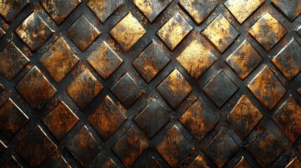 A textured surface featuring metallic tiles in a diamond pattern with a weathered appearance.