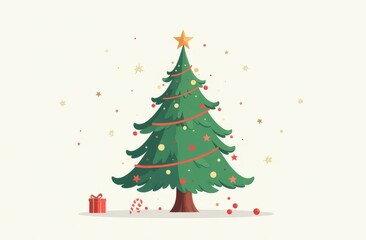 Decorated Christmas tree with gifts, isolated on white background. Christmas card or banner with copy space, place for text