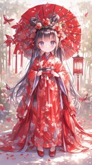 Fototapeta premium A young girl in a traditional red kimono stands in a forest, holding a lantern.