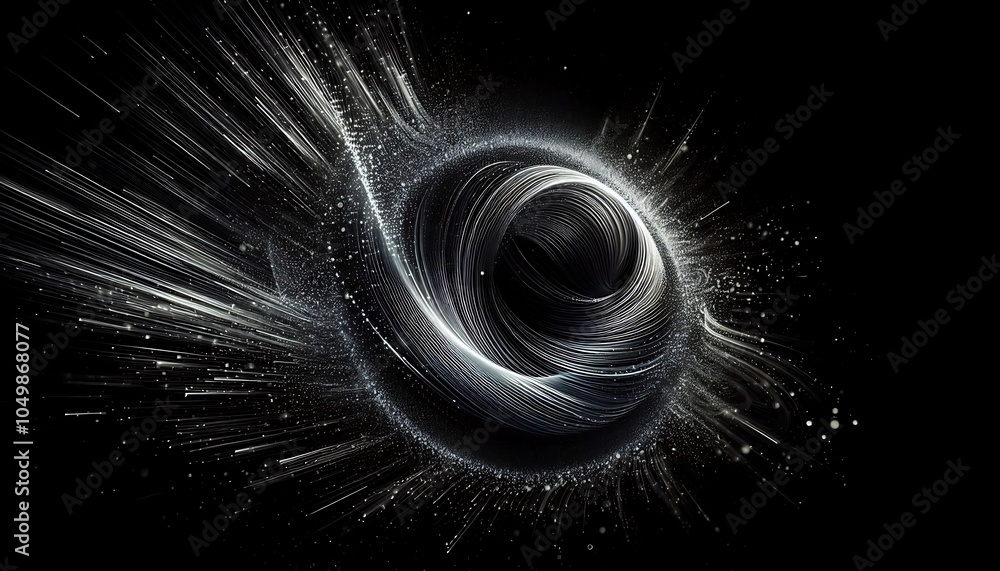 Poster an abstract image of a black hole with swirling lines and light effects creating a sense of movement