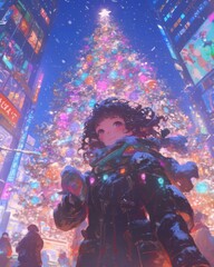 A young woman stands in awe beneath a beautifully decorated Christmas tree in a bustling city setting.