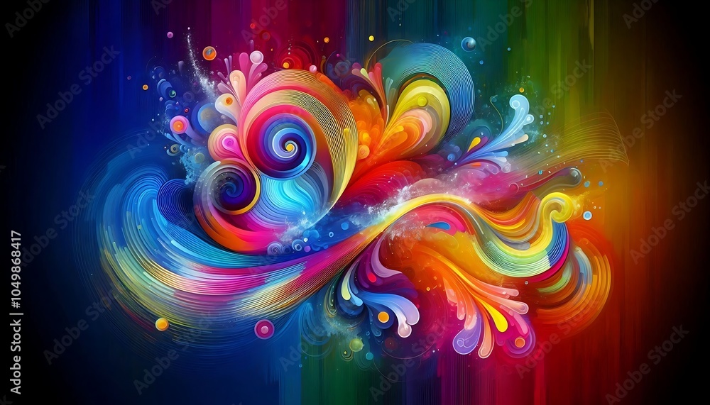 Poster vivid abstract art with swirling rainbow colors and dynamic shapes, creating a sense of energy and c