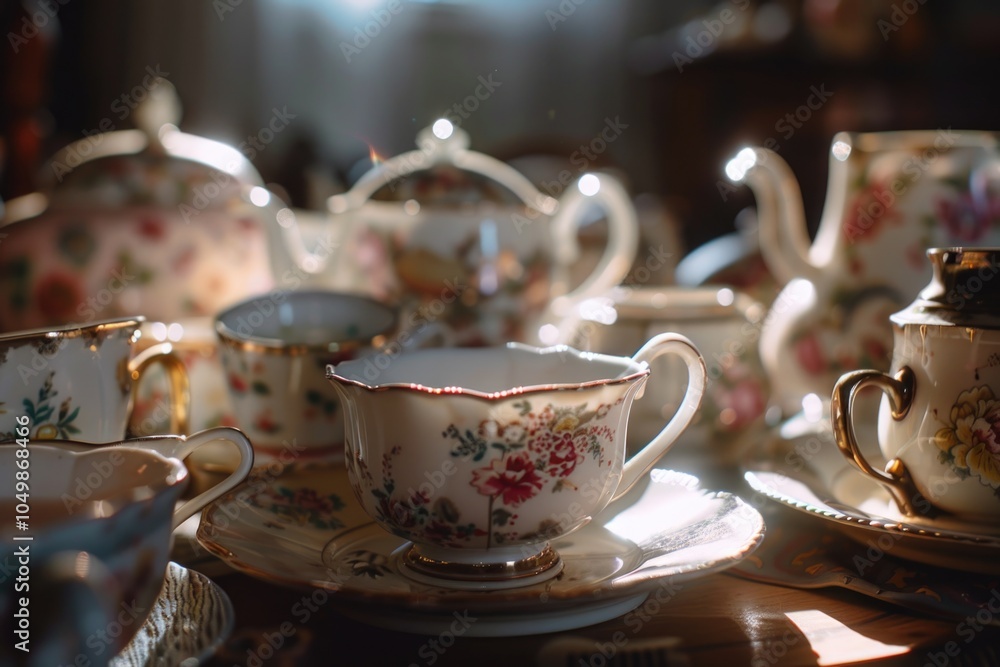 Poster collection of teacups and teapots are arranged on a table. the teacups are of various sizes and desi