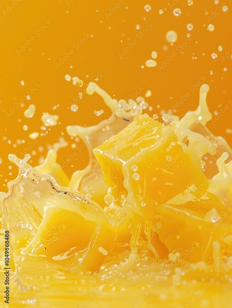 Poster splash of orange juice is splashing on a yellow background. the juice is in the shape of a cube