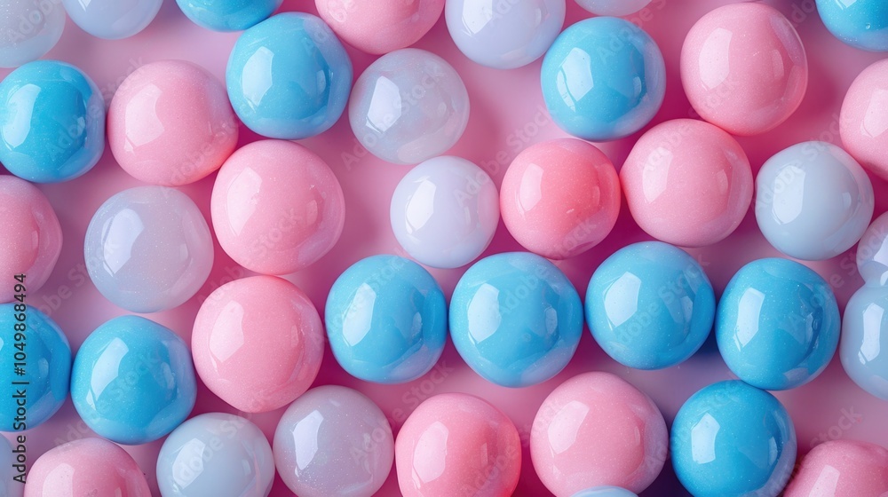 Poster bunch of colorful candy balls with pink and blue swirls. the candy balls are arranged in a pattern, 
