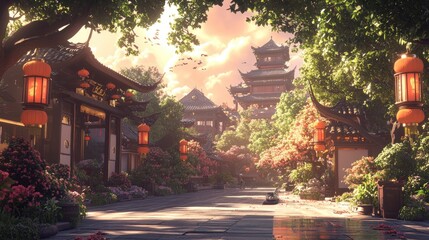 Fototapeta premium A scenic view of a Chinese street with traditional architecture, lush foliage, and red lanterns.