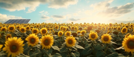 Obraz premium Vibrant sunflower field under a golden sunset, with solar panels in the background, highlighting the harmony of nature and renewable energy.