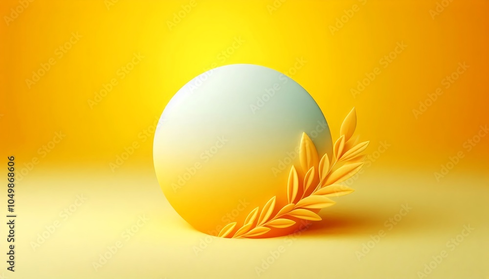 Poster Abstract image with a round gradient object on a yellow background decorated with gold leaves. Ideal for backgrounds and designs