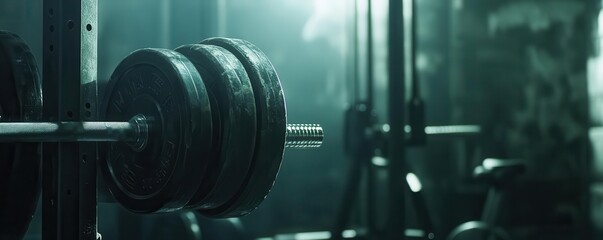 Fototapeta premium Barbell with worn weight plates resting on a squat rack, dimly lit gym with a raw, industrial feel