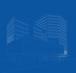 Perspective 3D render of building wireframe.
