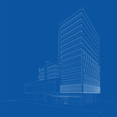 Perspective 3D render of building wireframe.
