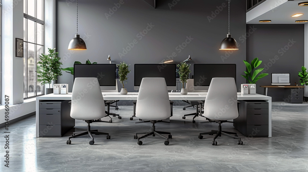 Poster a modern office with three rows of chairs and three computer monitors. the chairs are grey and the c