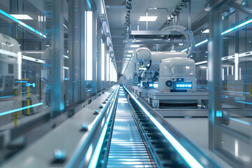 Fototapeta premium Automated warehouse system, robotic arms and conveyor belts, seamless flow