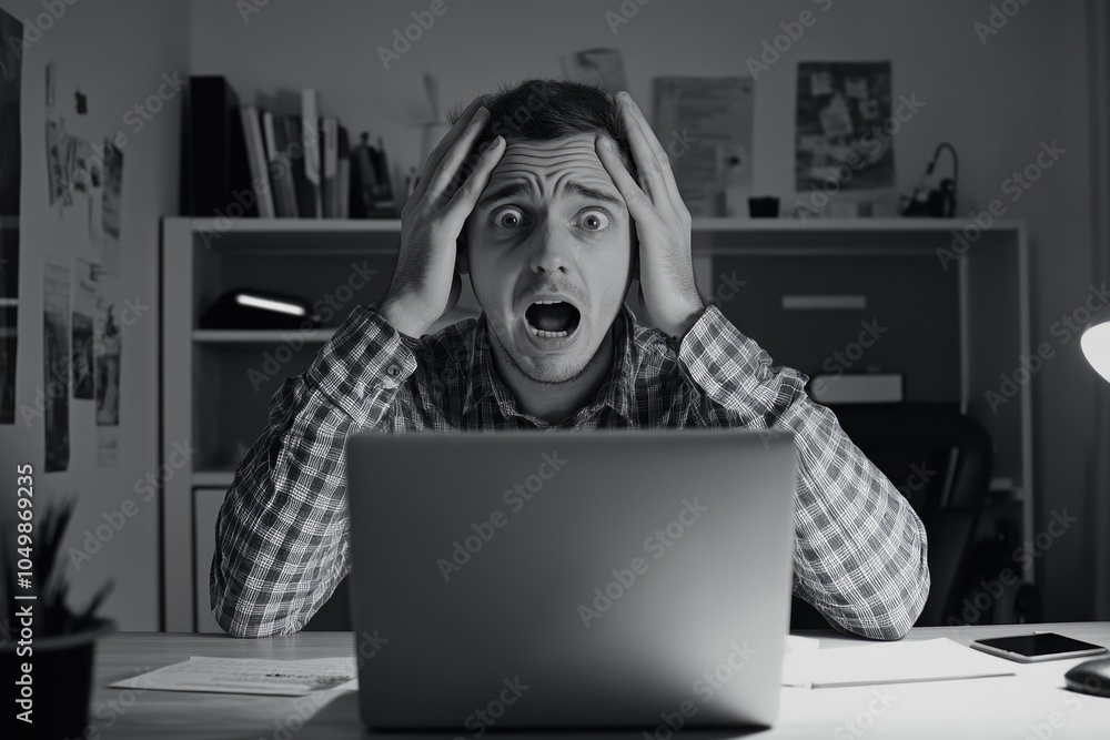 Aufkleber man is sitting at a desk with a laptop open in front of him. he is looking at the screen with a shoc