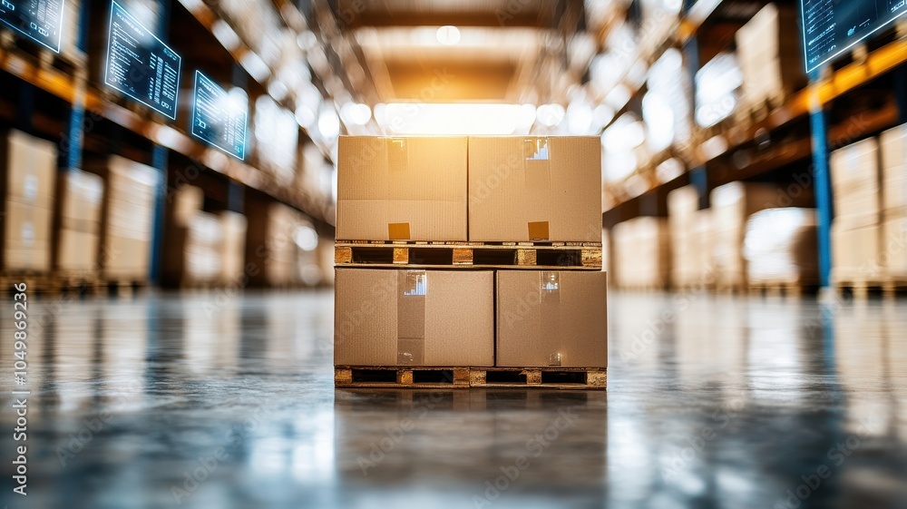 Poster a stack of cardboard boxes on a pallet in a spacious warehouse with shelves lined with additional bo