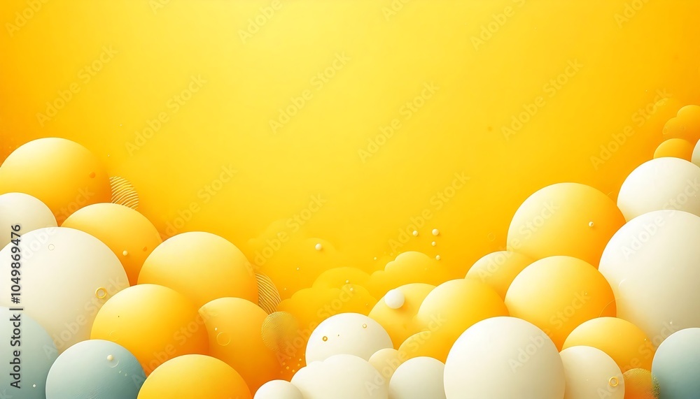 Poster colorful abstract spheres floating in a bright yellow background, creating a cheerful and dynamic vi