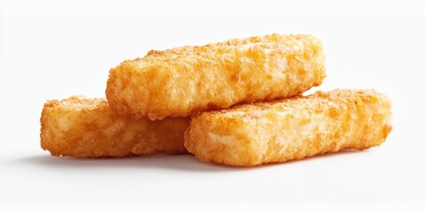 Three pieces of fried fish are on a white background. The fish are golden brown and appear to be crispy