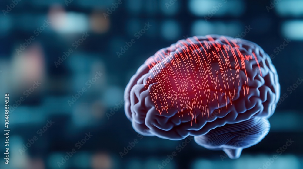 Poster a digital representation of a brain showcasing neural connections and activity, set against a blurre
