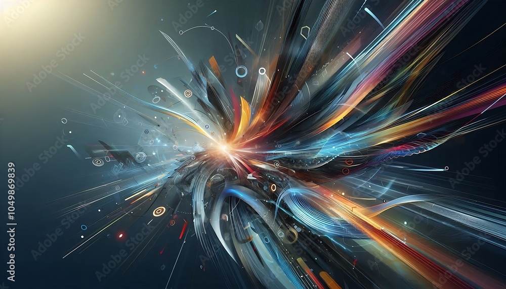 Poster dynamic explosion of colorful digital lines and shapes, creating a futuristic abstract design