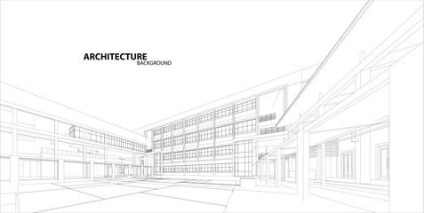 Perspective 3D render of building wireframe.
