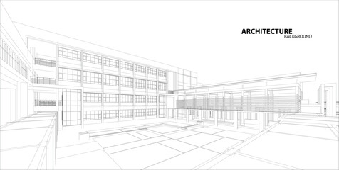 Perspective 3D render of building wireframe.

