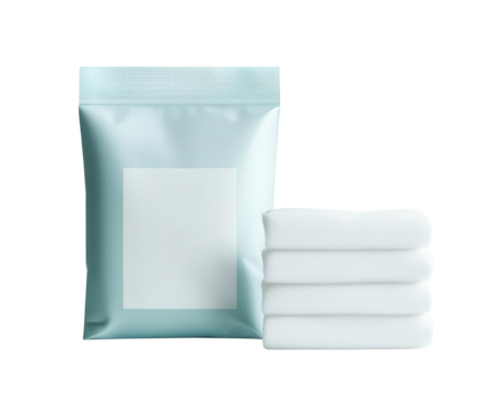 A clean, blue pack of cotton pads next to neatly stacked white cotton pads, on a white isolated background.