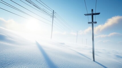 Power lines down across a snowy landscape after a blizzard, causing blackouts, [disaster], [blizzard power outage], ,