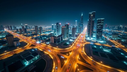Fototapeta premium Vibrant cityscape at night illuminated by neon lights and bustling traffic