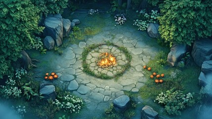 battlemap game Top-down view of a campfire in a stone circle surrounded by lush greenery and mushrooms.
