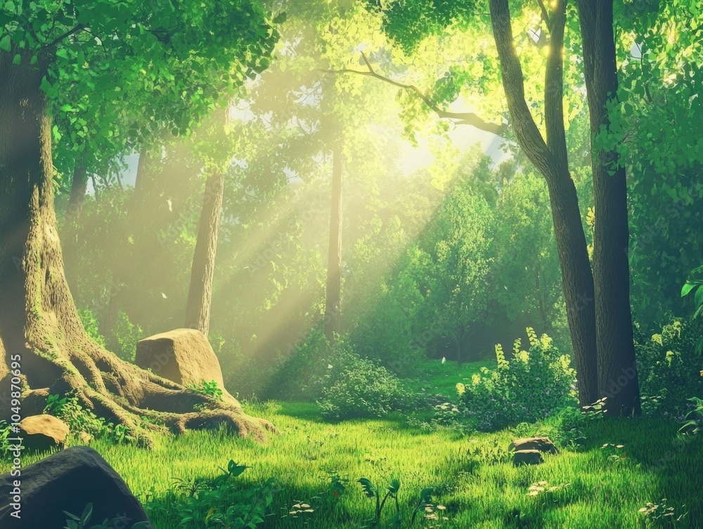 Poster forest with a large tree in the foreground and a rock in the background. the sun is shining through 