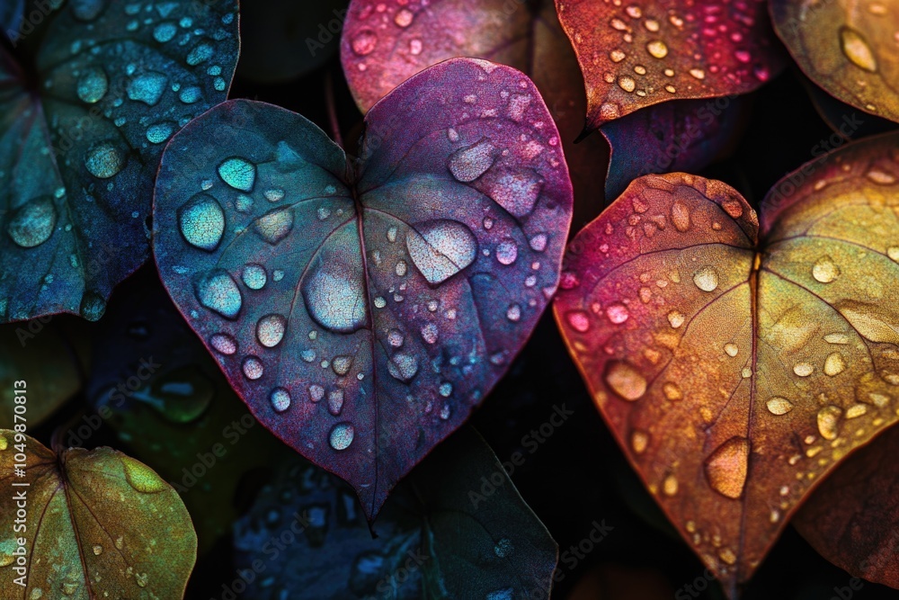 Poster collection of colorful leaves with raindrops on them. the leaves are arranged in a way that creates 