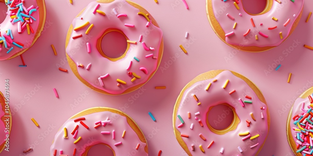 Aufkleber row of pink frosted donuts with sprinkles on top. the donuts are arranged in a row, with some of the