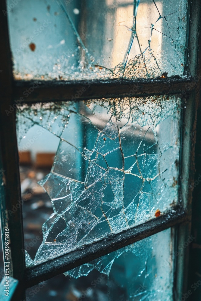 Poster window with a broken glass pane and a spider web on the glass. the window is dirty and has a broken 