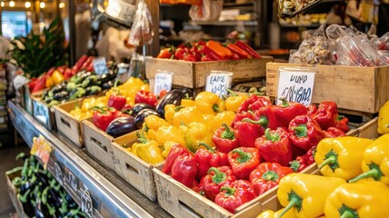Obraz premium A vibrant display of colorful peppers and fresh vegetables in wooden crates at a bustling market, showcasing local produce.