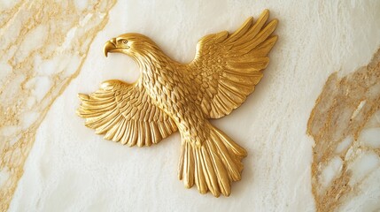 A single golden eagle icon resting on a smooth white marble surface for strength for freedom
