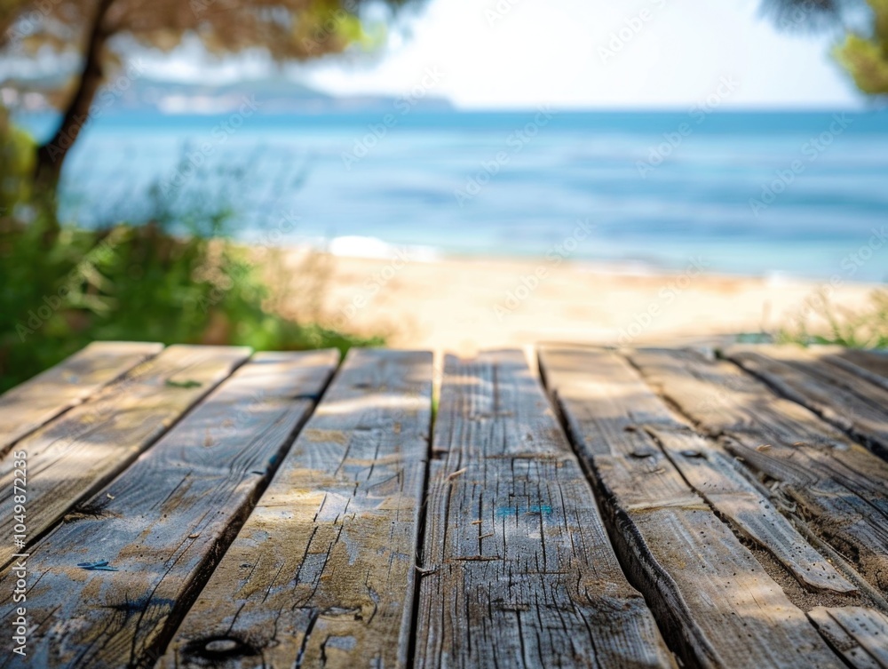 Poster wooden table with a view of the ocean. the table is empty and the ocean is calm