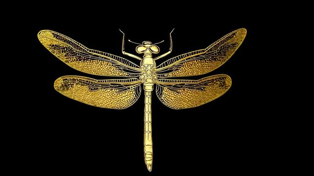 A golden dragonfly with intricate wings rests against a black background