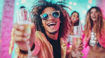 Fototapeta premium Young african american man holding glasses of wine and smiling