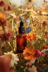 Bottle of perfume is sitting on a field of flowers. The bottle is brown and has a black cap. The flowers are of various colors and are scattered throughout the field. Concept of natural beauty