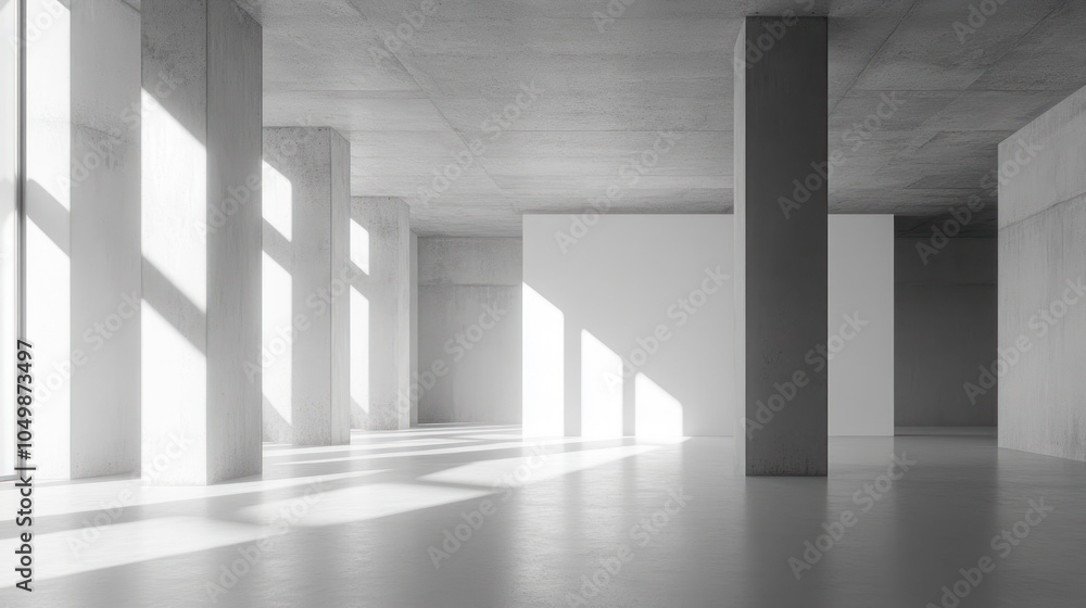 Aufkleber sunlight streams through windows in a large empty space with concrete pillars and white walls.