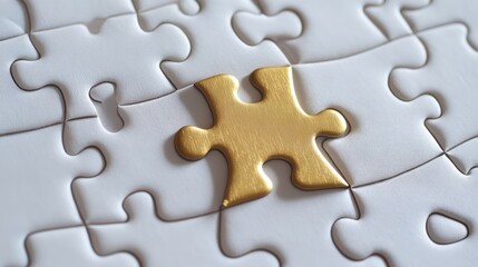 Fototapeta premium A single gold puzzle piece fitting into a white puzzle for synergy for media partnerships