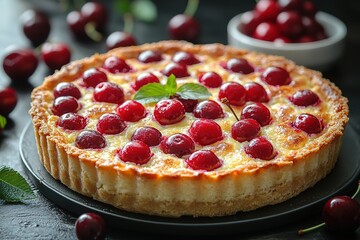 A cherry pie with a green leaf on top