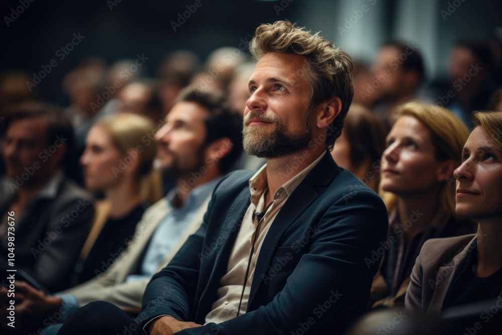Poster man with a beard and a tie is sitting in a crowd of people. he is smiling and looking at the stage