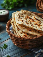 Obraz premium Basket of tortillas sits on a wooden table. The tortillas are stacked in a pyramid shape, and there is a bowl of sour cream nearby. Concept of comfort and indulgence