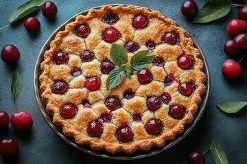A cherry pie with a green leaf on top