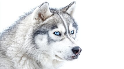 Fototapeta premium A close-up image of a beautiful Siberian Husky, featuring its striking blue eyes and thick, fluffy fur against a light background.