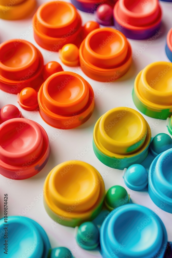 Poster row of colorful plastic balls with different colors and sizes. the balls are arranged in a pattern, 