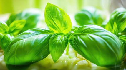 Obraz premium Fresh green basil leaves with a vibrant hue, placed atop creamy food, showcasing their aromatic and culinary appeal.