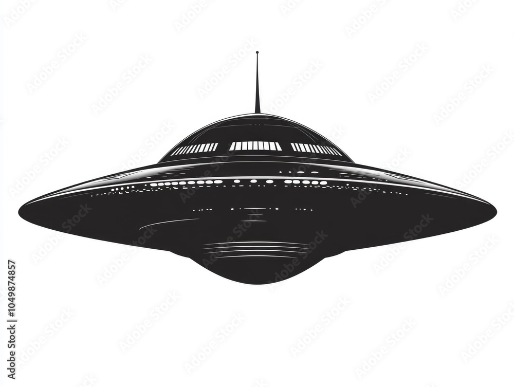 Poster black and white drawing of a ufo flying in the sky. the ufo is large and has a pointed top. the imag