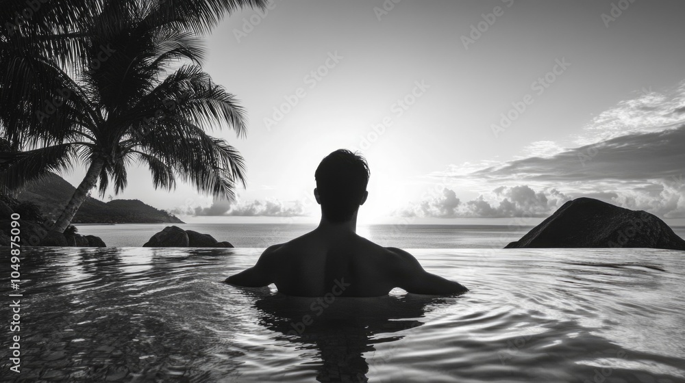 Poster man is swimming in a pool with a palm tree in the background. the man is wearing a black shirt and i